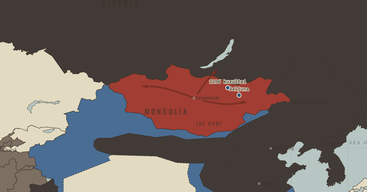 Map of Rise of Genghis Khan (1207): The Baljuna Covenant, The kurultai of 1206