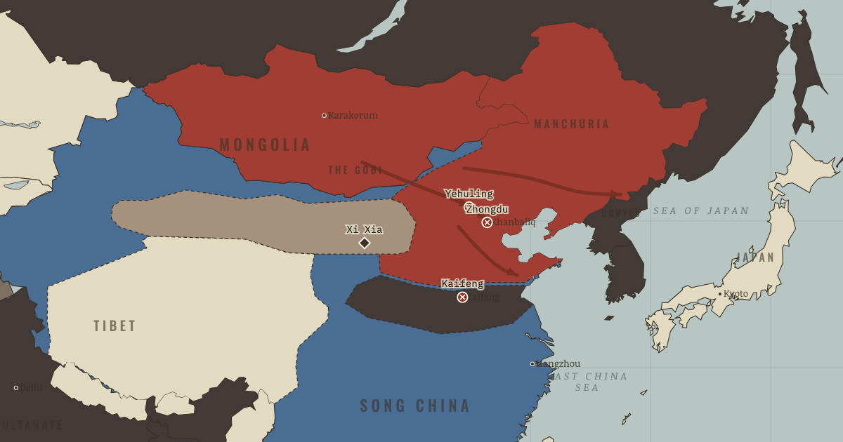 Map of Mongol conquest of the Jin dynasty (1216): Yehuling (Wild Fox Ridge), Fall of Zhongdu, The end of Xi Xia, Kaifeng falls