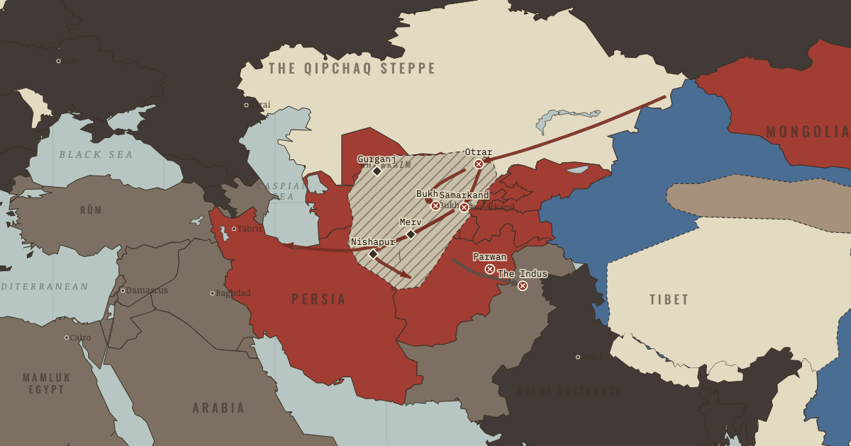 Map of Mongol invasion of Khwarazm (1222): Otrar, Bukhara, Samarkand, Gurganj (Urgench), Merv