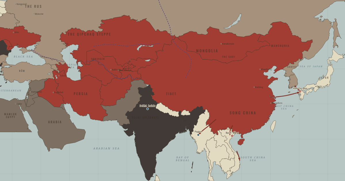 Map of Mongol invasions of Japan and Vietnam (1282): Hakata Bay, Bạch Đằng, Pagan falls, Delhi holds
