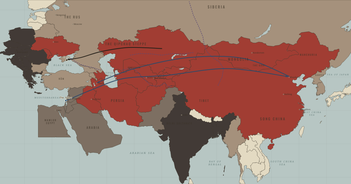 Map of Legacy of the Mongol Empire (1295): The Polos sail, Caffa