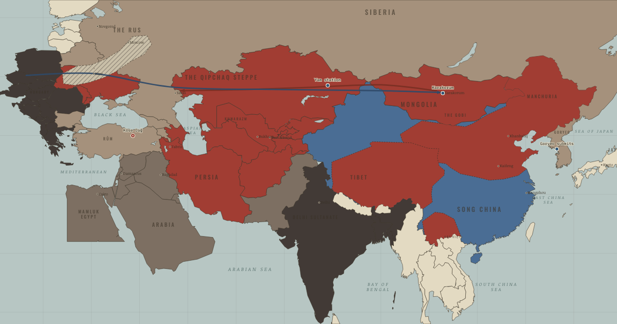 Map of How the Mongol Empire was governed (1255): Karakorum, A yam waystation, Köse Dağ, Goryeo comes to terms
