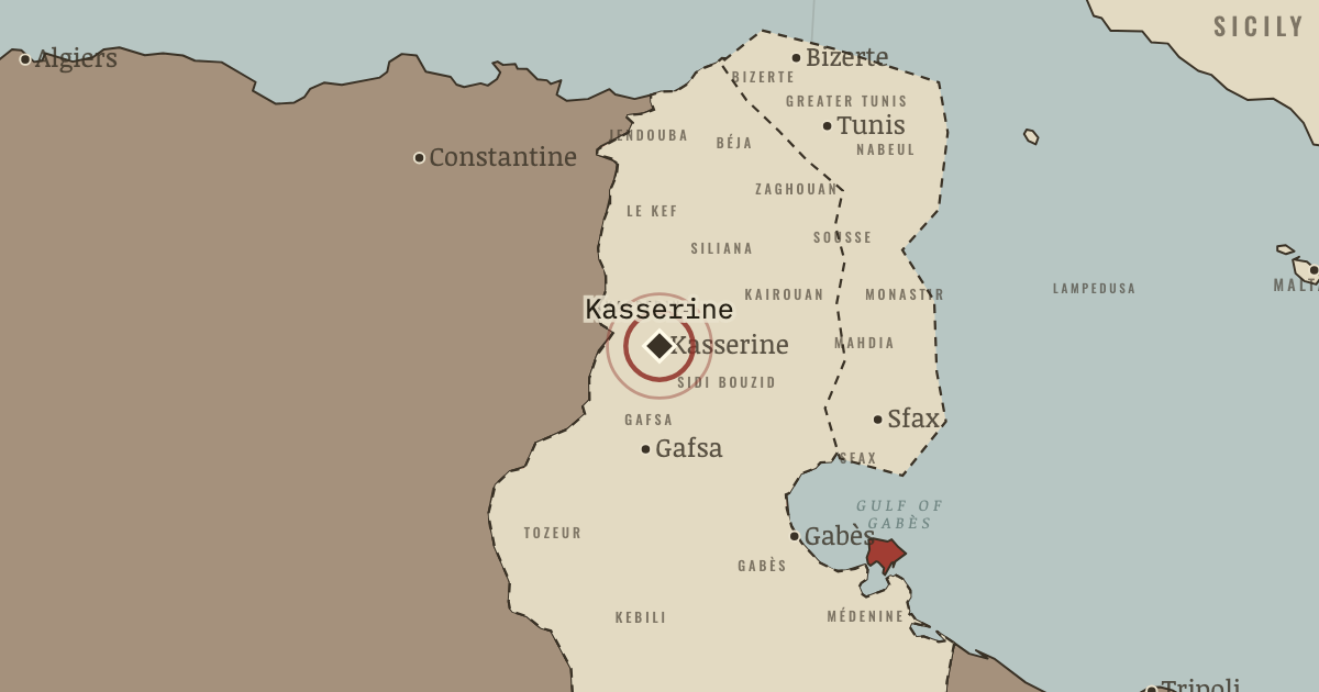 Map showing Kasserine (2011), site of memory in Protest and Change: Second-Wave Feminism and Tunisia, 1945–2015