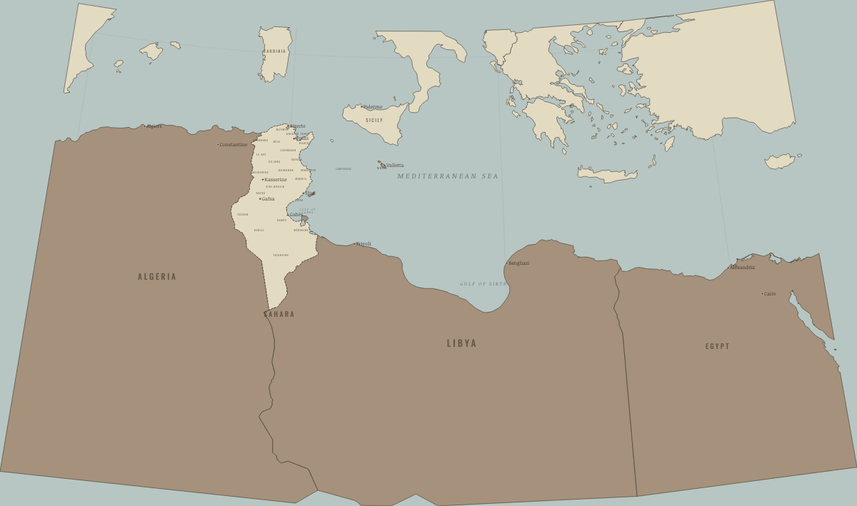Map of Tunisia in 1945: The French protectorate and its neighbours. Colours show Authoritarian, one-party or colonial rule.