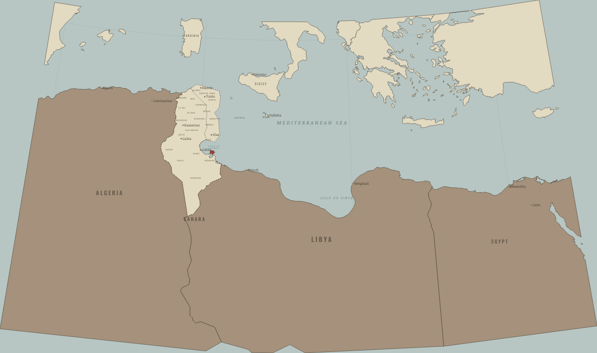 Map of Tunisia on 24–31 December 2010: The interior, the unions and the lawyers. Colours show Authoritarian, one-party or colonial rule, In revolt: protest, uprising, civil war.