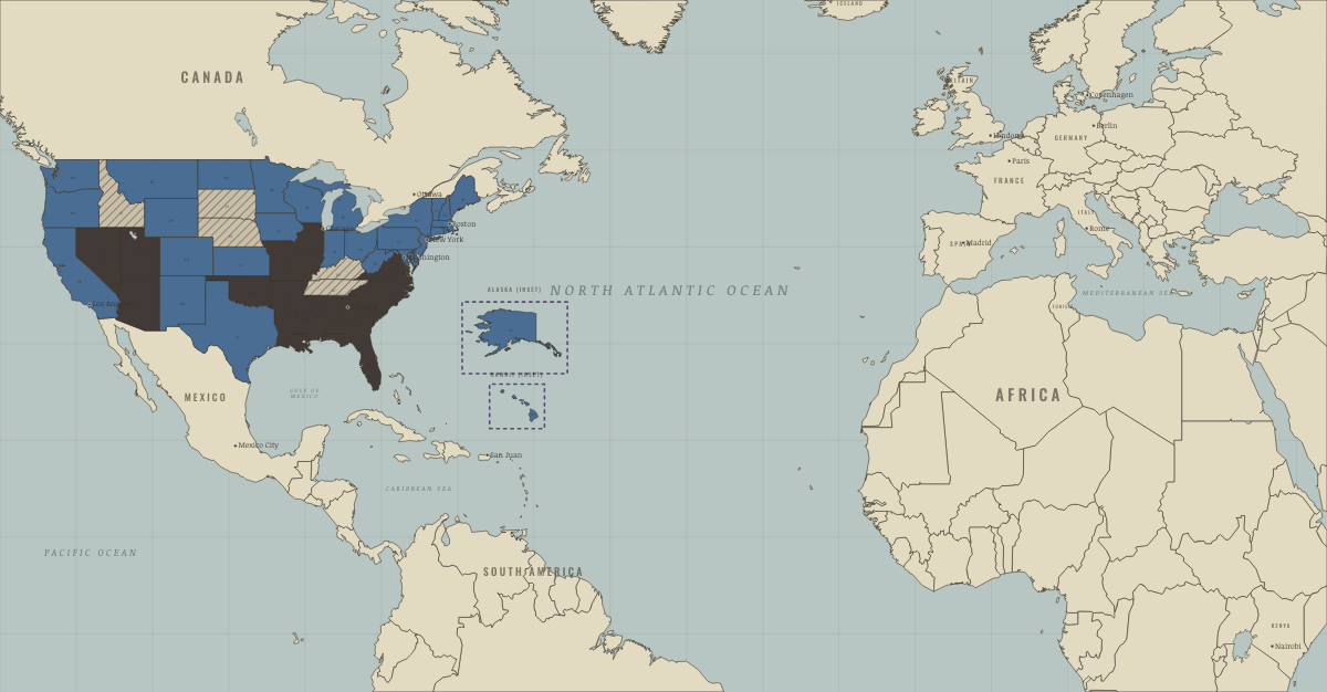 Map of women’s rights on 30 June 1982 (second-wave feminism): The ERA deadline: 35 ratified, five rescinded, 15 never. Colours show Right won in law, Refused: women excluded; ERA never ratified, ERA ratified, then rescinded (dark stripes).