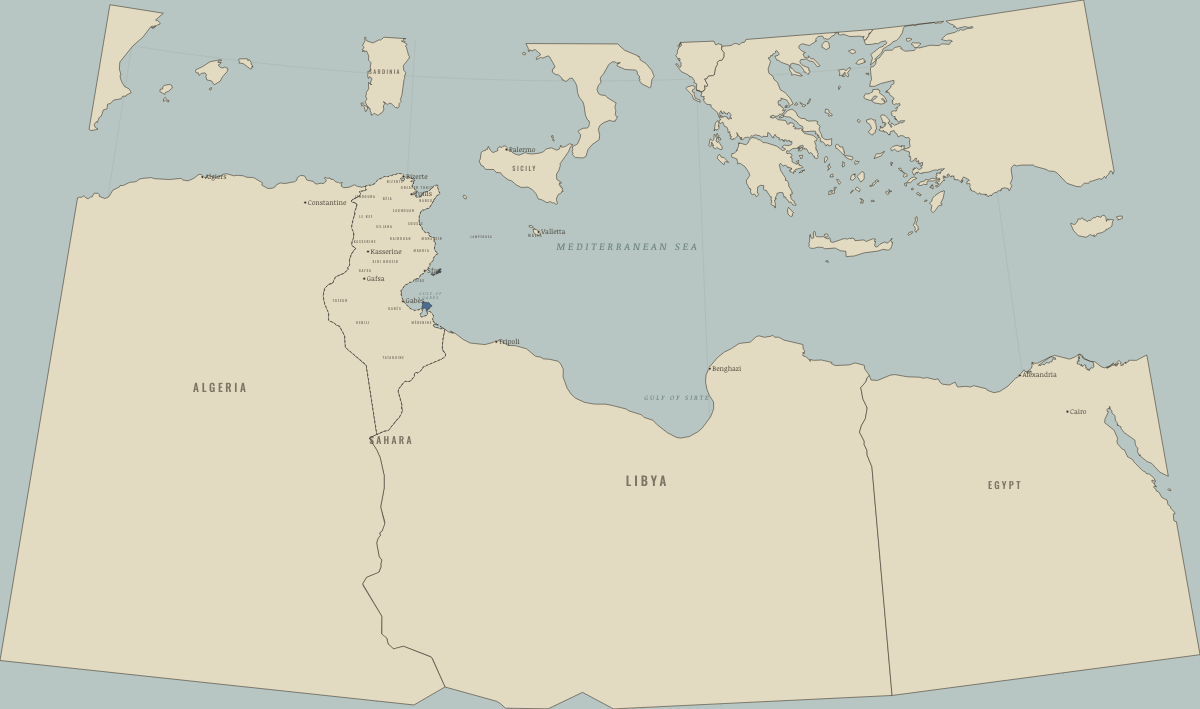 Map of Tunisia in August 1956: Family law: the Personal Status Code abolishes polygamy. Colours show Right won in law.