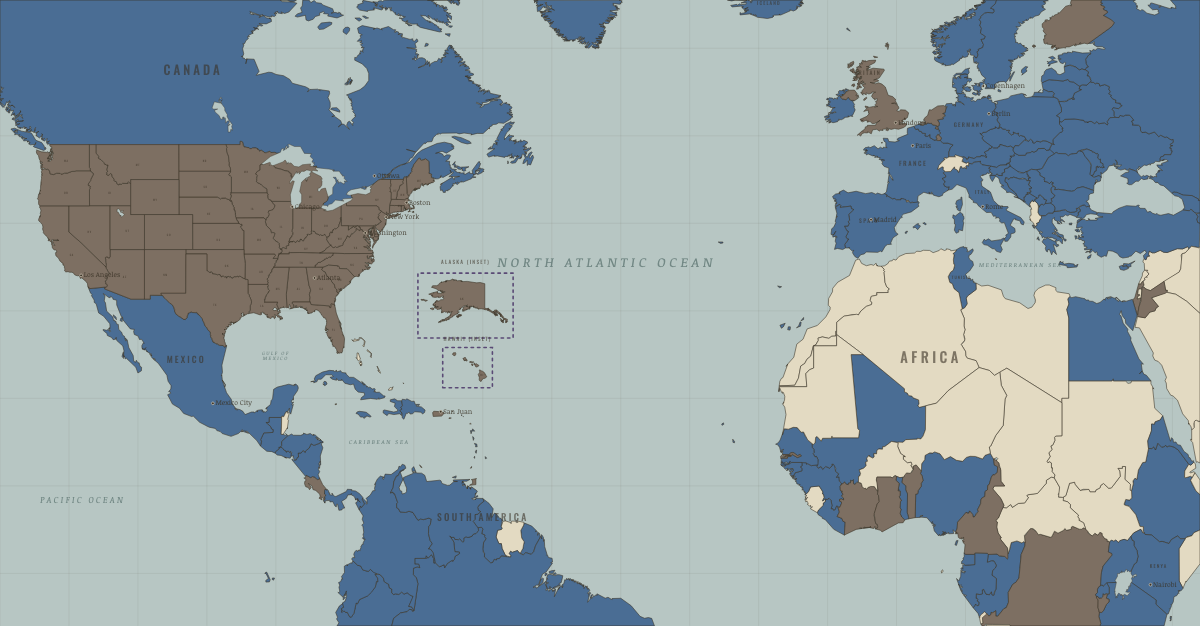 Map of women’s rights in December 1985 (second-wave feminism): CEDAW: who had ratified the women’s convention. Colours show Right won in law, Partial or unequal; treaty signed only; transition.