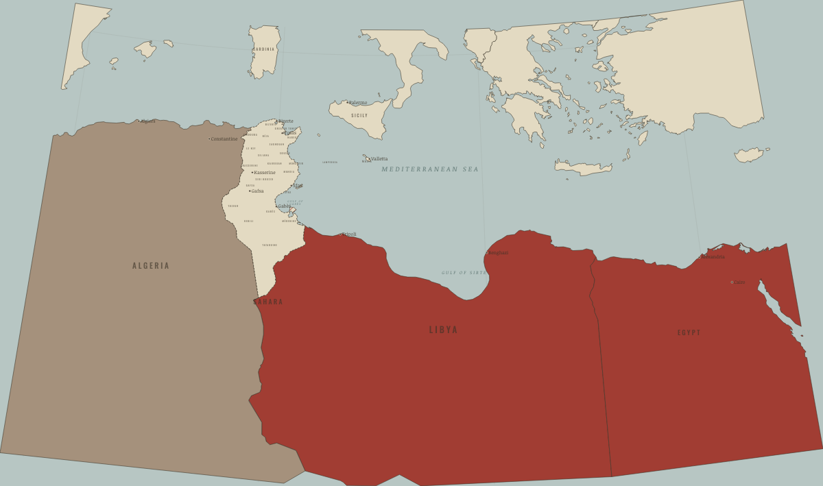 Map of Tunisia in February 2011: Emergency rule in Tunisia; Egypt and Libya rise. Colours show State of emergency (red stripes), In revolt: protest, uprising, civil war, Authoritarian, one-party or colonial rule.