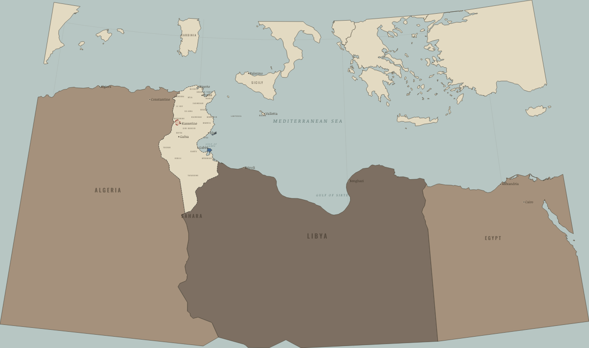 Map of Tunisia in March 2014: A constitution in force; the emergency lifted. Colours show Right won in law, Authoritarian, one-party or colonial rule, Partial or unequal; treaty signed only; transition.