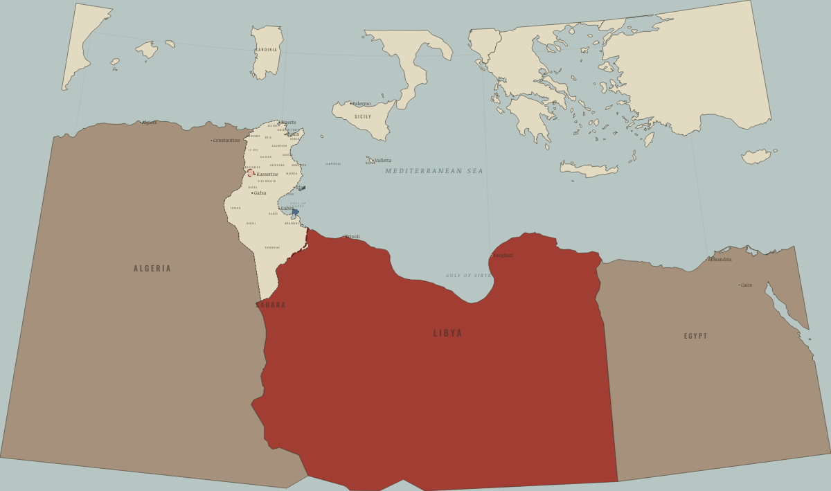 Map of Tunisia in October 2015: The emergency lifted; the Nobel Peace Prize. Colours show Right won in law, Authoritarian, one-party or colonial rule, In revolt: protest, uprising, civil war.