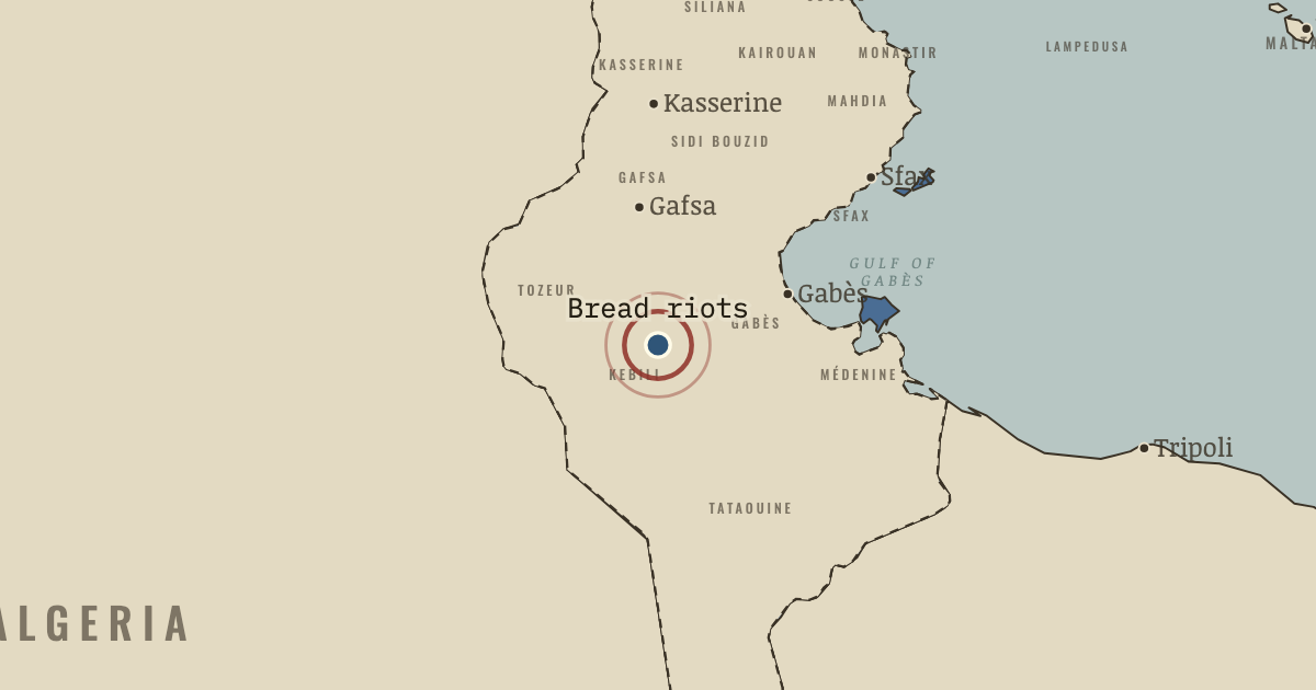Map showing Tunisian bread riots (1983), turning point in Protest and Change: Second-Wave Feminism and Tunisia, 1945–2015