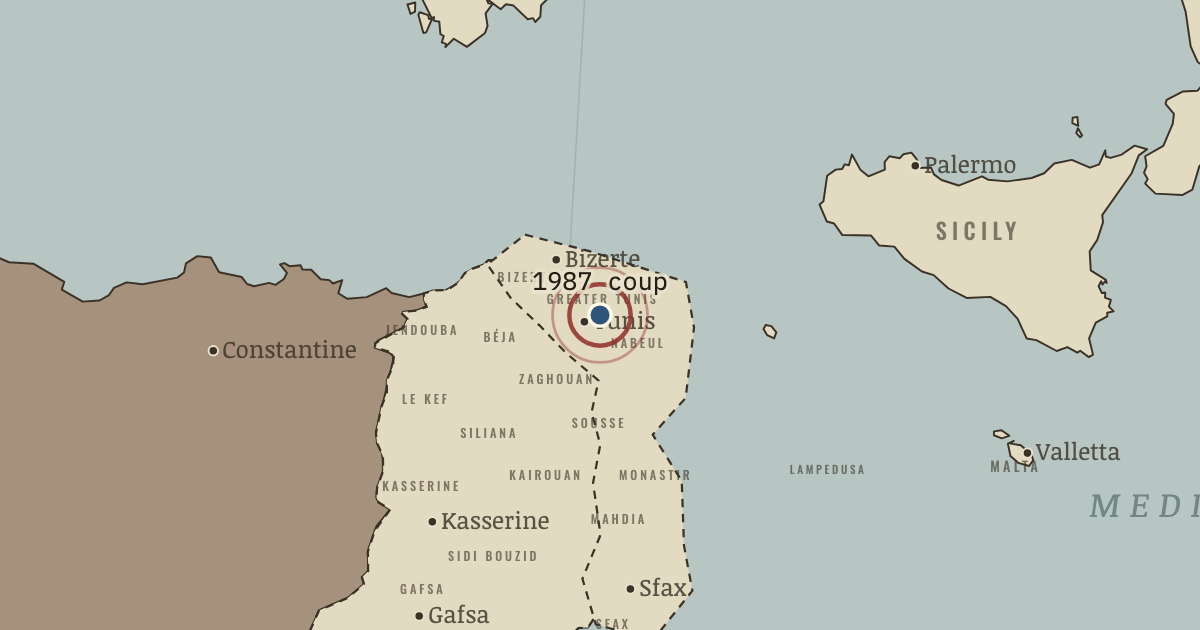 Map showing Ben Ali’s medical coup (1987), turning point in Protest and Change: Second-Wave Feminism and Tunisia, 1945–2015
