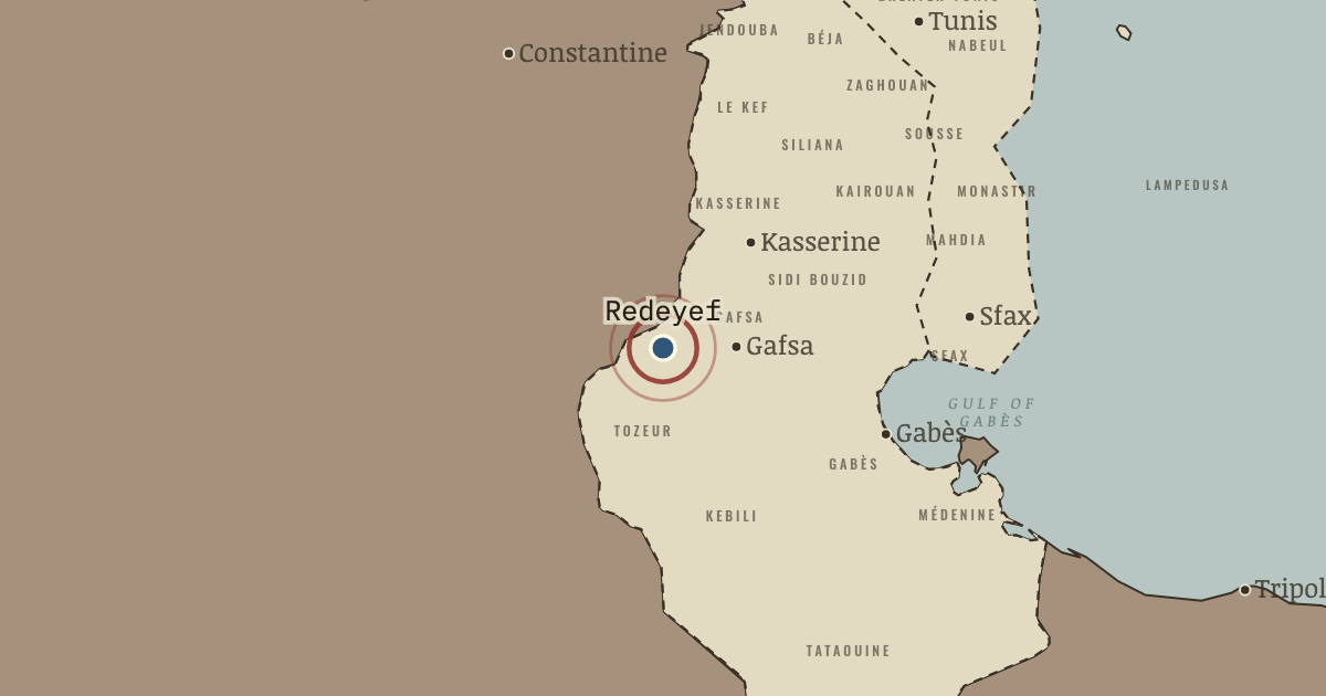 Map showing Gafsa mining basin uprising (2008), turning point in Protest and Change: Second-Wave Feminism and Tunisia, 1945–2015