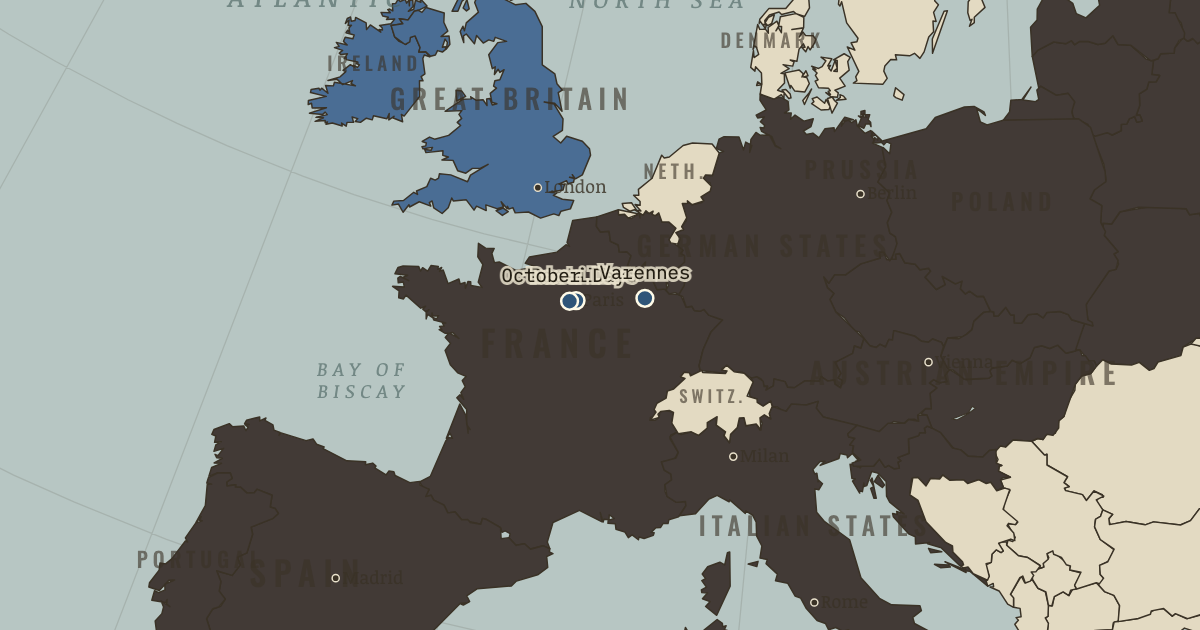 Map of French Revolution (Jul 1789): Storming of the Bastille, The October Days, Flight to Varennes