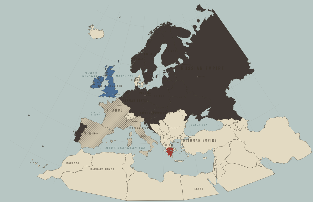 Map of the Europe & the Mediterranean in SEP 1823: The Concert holds the line