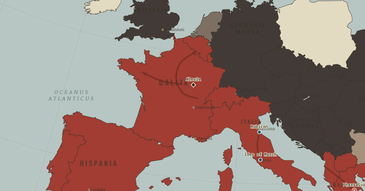 Map of Julius Caesar and the civil war (52 Bc): Alesia, The Rubicon, Pharsalus, The Ides of March