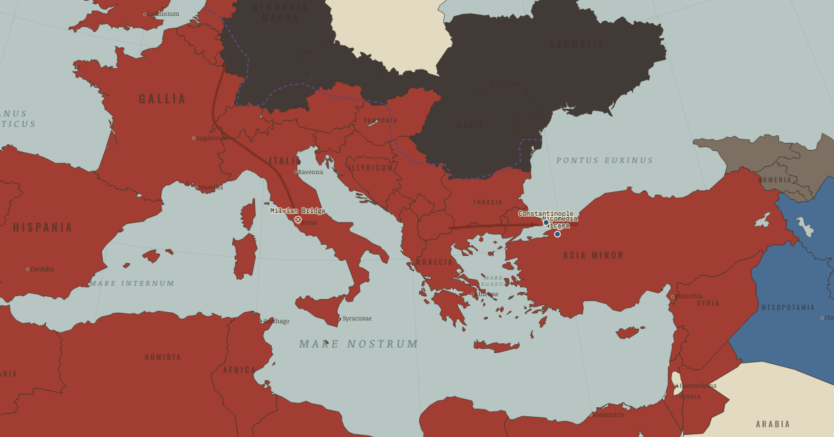 Map of Diocletian and Constantine (Ad 312): Diocletian’s court, Milvian Bridge, Council of Nicaea, Constantinople founded
