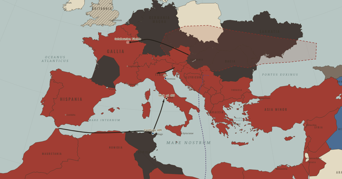Map of Fall of the Western Roman Empire (Ad 451): Vandals take Carthage, Catalaunian Fields, The second sack, 476: the end in the West