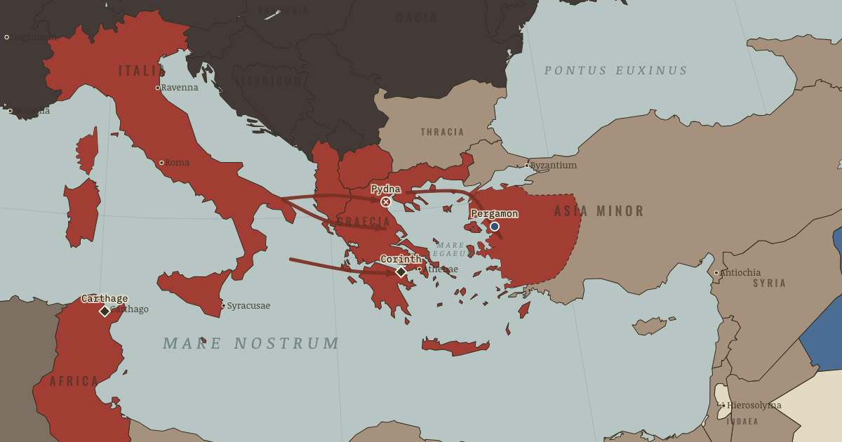 Map of Roman conquest of Greece (146 Bc): Pydna, Destruction of Corinth, Destruction of Carthage, The Pergamon bequest