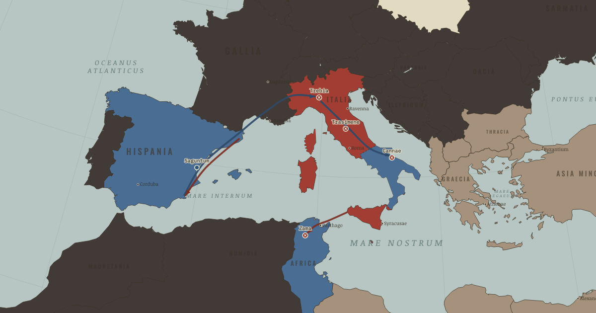 Map of Second Punic War (216 Bc): Siege of Saguntum, Trebia, Lake Trasimene, Cannae, Zama
