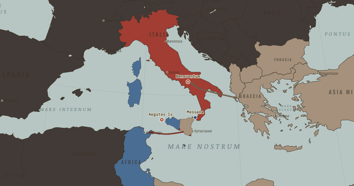 Map of First Punic War (264 Bc): Beneventum, The Mamertine appeal, Aegates Islands