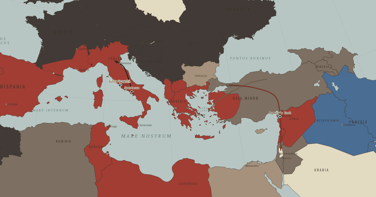 Map of Crisis of the Roman Republic (62 Bc): The Gracchi murdered, Sulla marches on Rome, The Spartacus revolt, Pompey’s settlement