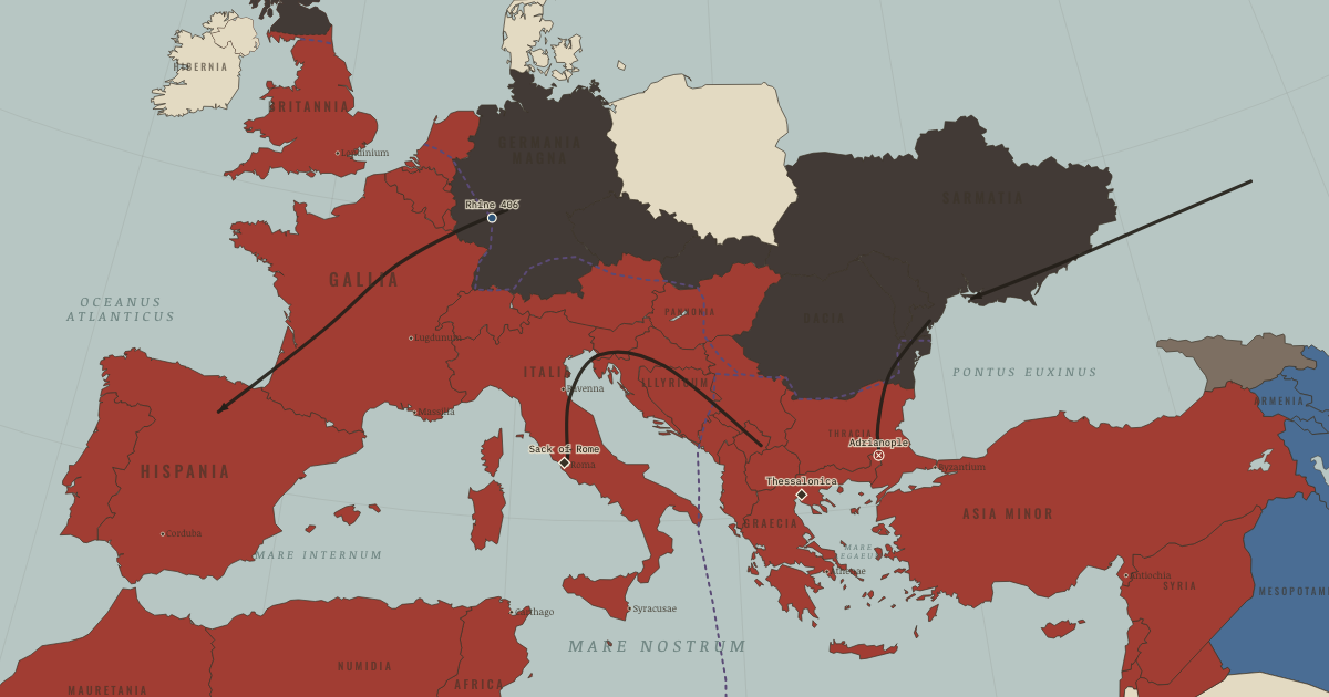 Map of Adrianople and the sack of Rome (Ad 396): Adrianople, Massacre of Thessalonica, The Rhine crossing, The sack of Rome