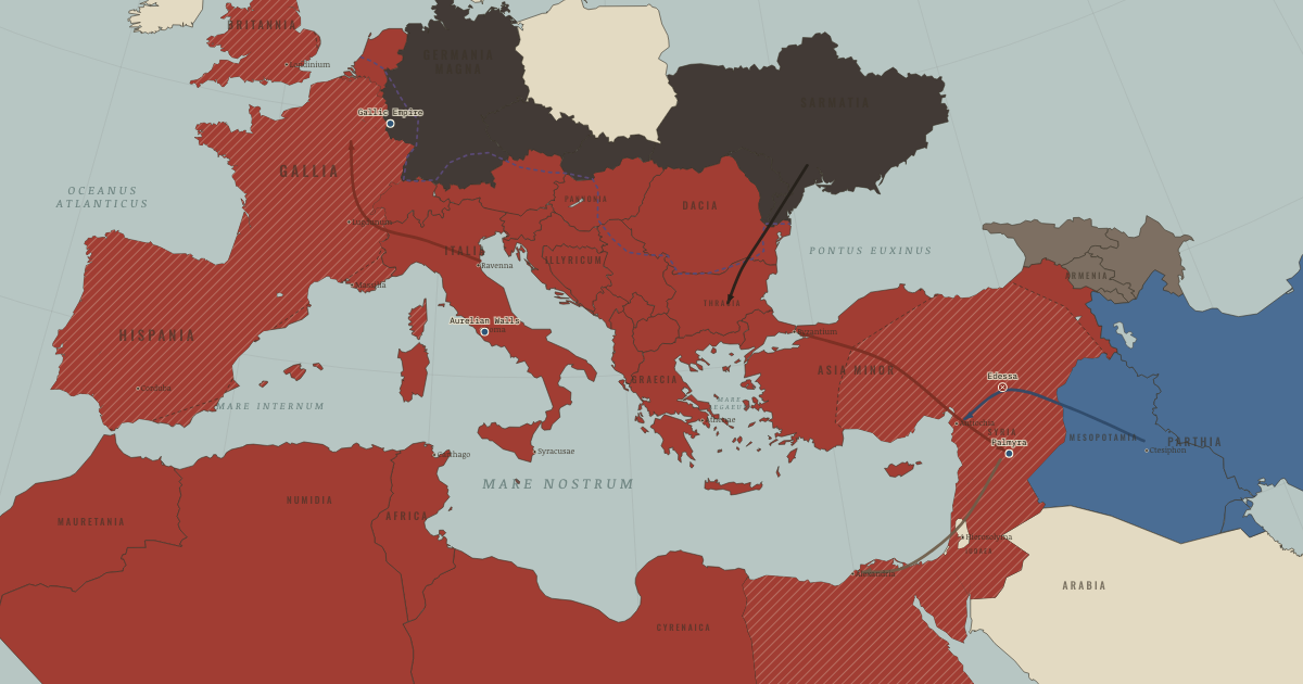Map of Crisis of the Third Century (Ad 271): Valerian captured at Edessa, The Gallic Empire, Zenobia’s Palmyra, The Aurelian Walls