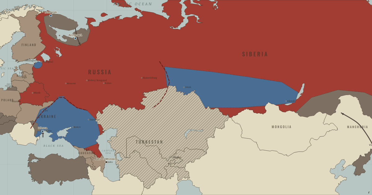 Map of Allied intervention in Russia (May 1919): Vladivostok: fourteen flags, Archangel & the North, Murmansk, The French at Odessa, Baku: the oil and the commissars