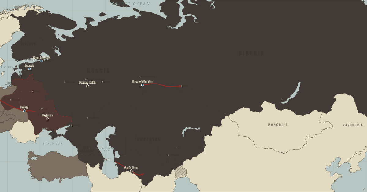 Map of Counter-reforms of Alexander III (May 1891): The Catherine Canal, Elisavetgrad: the pogroms begin, Geok Tepe, Dorpat becomes Yuriev, Brody: the road west