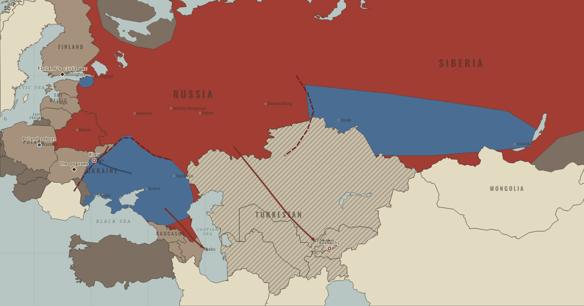 Map of Dissolution of the Russian Empire (Aug 1919): Kiev changes hands, Finland’s civil war, Proskurov: the pogroms, Poland reborn, The Basmachi revolt