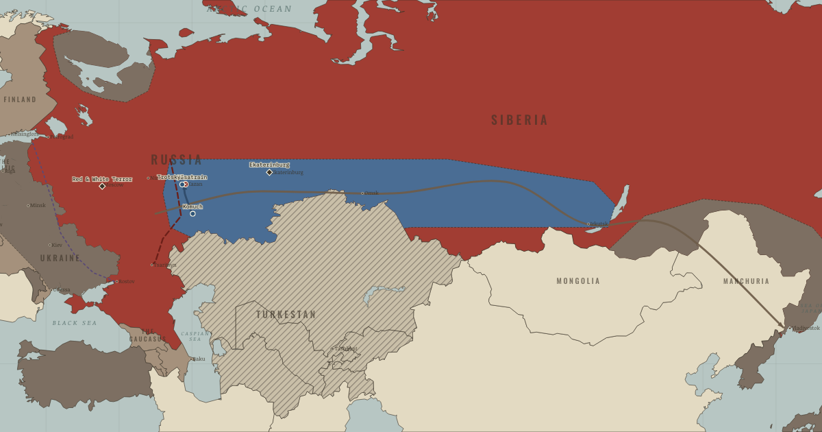 Map of Outbreak of the Russian Civil War (Jul 1918): Kazan: the gold and the Legion, Ekaterinburg, Sviyazhsk: Trotsky’s train, Komuch at Samara, Red Terror & White Terror