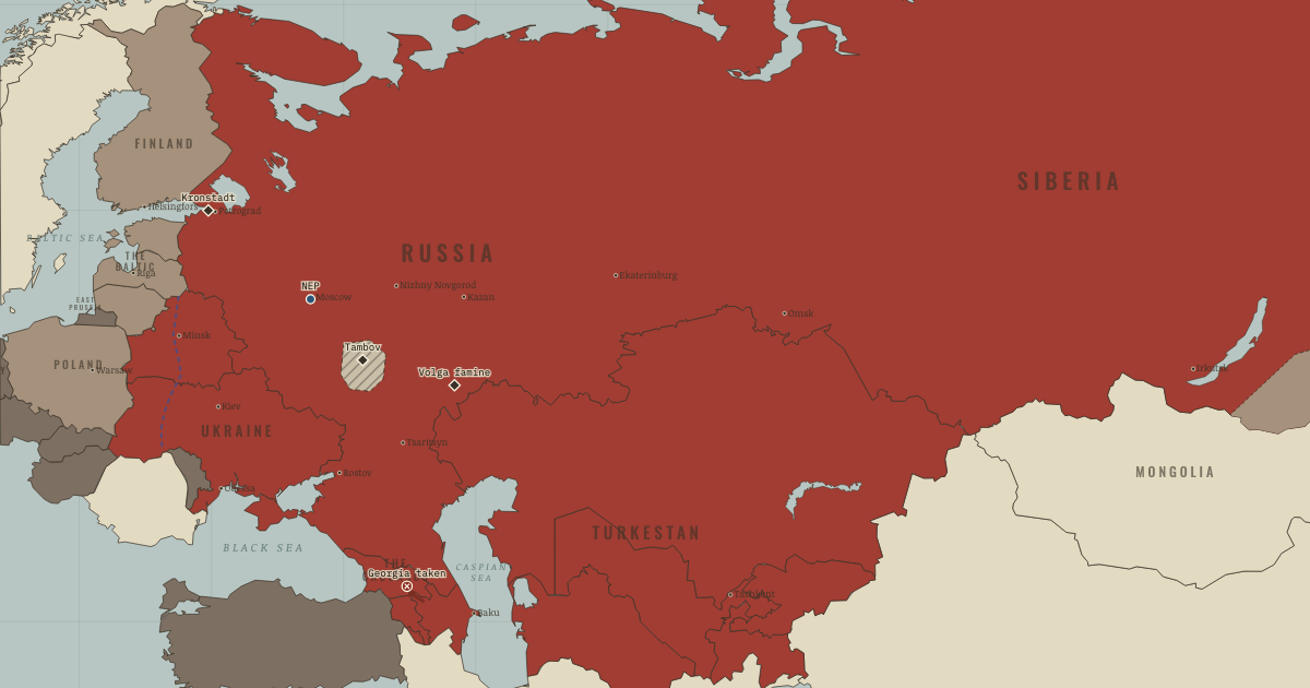 Map of From War Communism to the NEP (Jul 1921): Kronstadt, The Tambov rebellion, The Volga famine, The New Economic Policy, Georgia taken