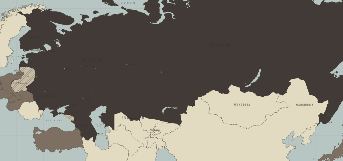Map of the Russian Empire in 1863: The January Rising. Colours show The Tsarist empire, Foreign powers & intervention.