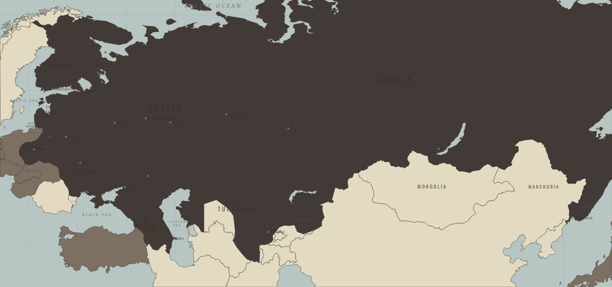 Map of the Russian Empire in June 1868: Samarkand and Bukhara. Colours show The Tsarist empire, Foreign powers & intervention.