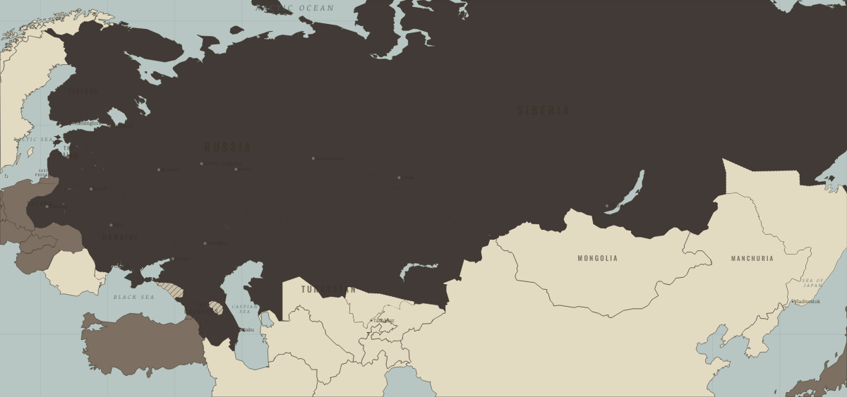 Map of the Russian Empire in March 1856: The Peace of Paris. Colours show The Tsarist empire, Foreign powers & intervention.