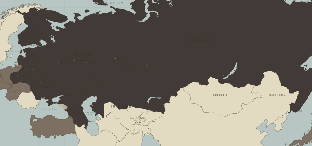 Map of the Russian Empire in March 1861: The serfs are freed. Colours show The Tsarist empire, Foreign powers & intervention.