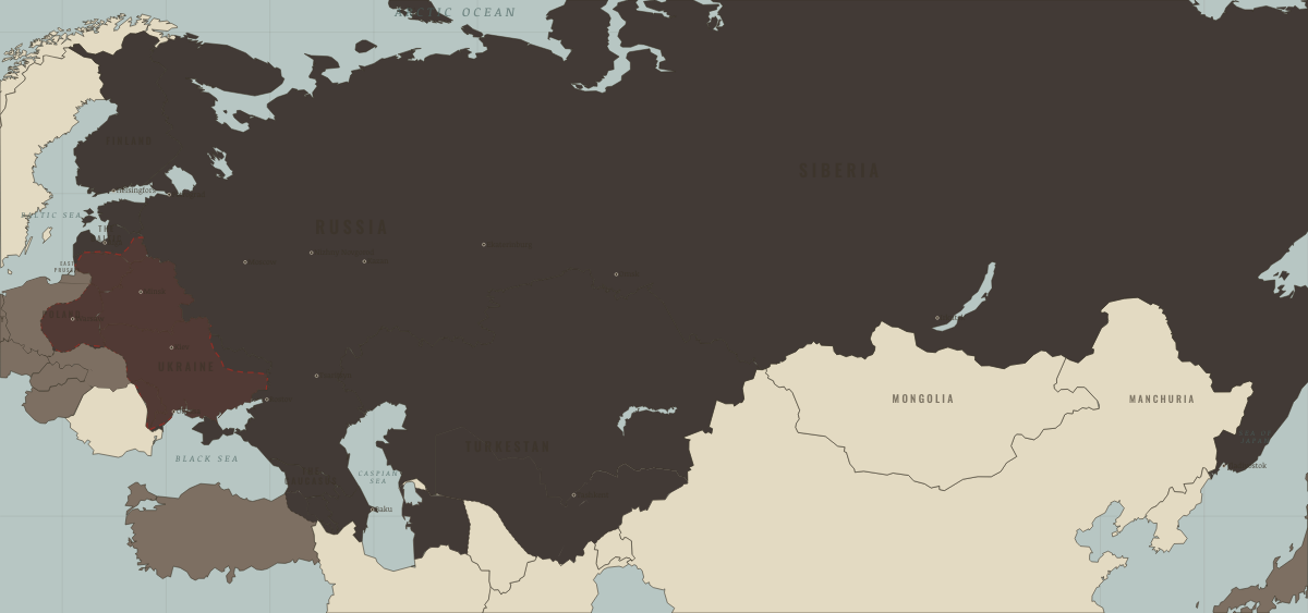 Map of the Russian Empire in March 1881: The Tsar assassinated. Colours show The Tsarist empire, Foreign powers & intervention.