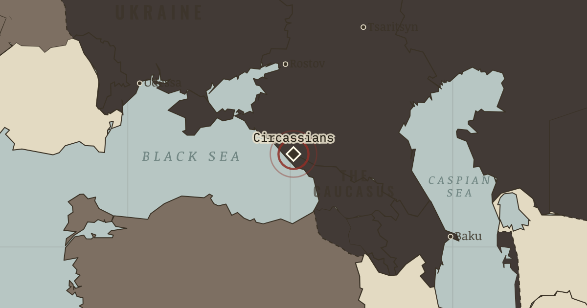 Map showing Circassian expulsion (1864), site of memory in The Russian Revolution, 1855–1924