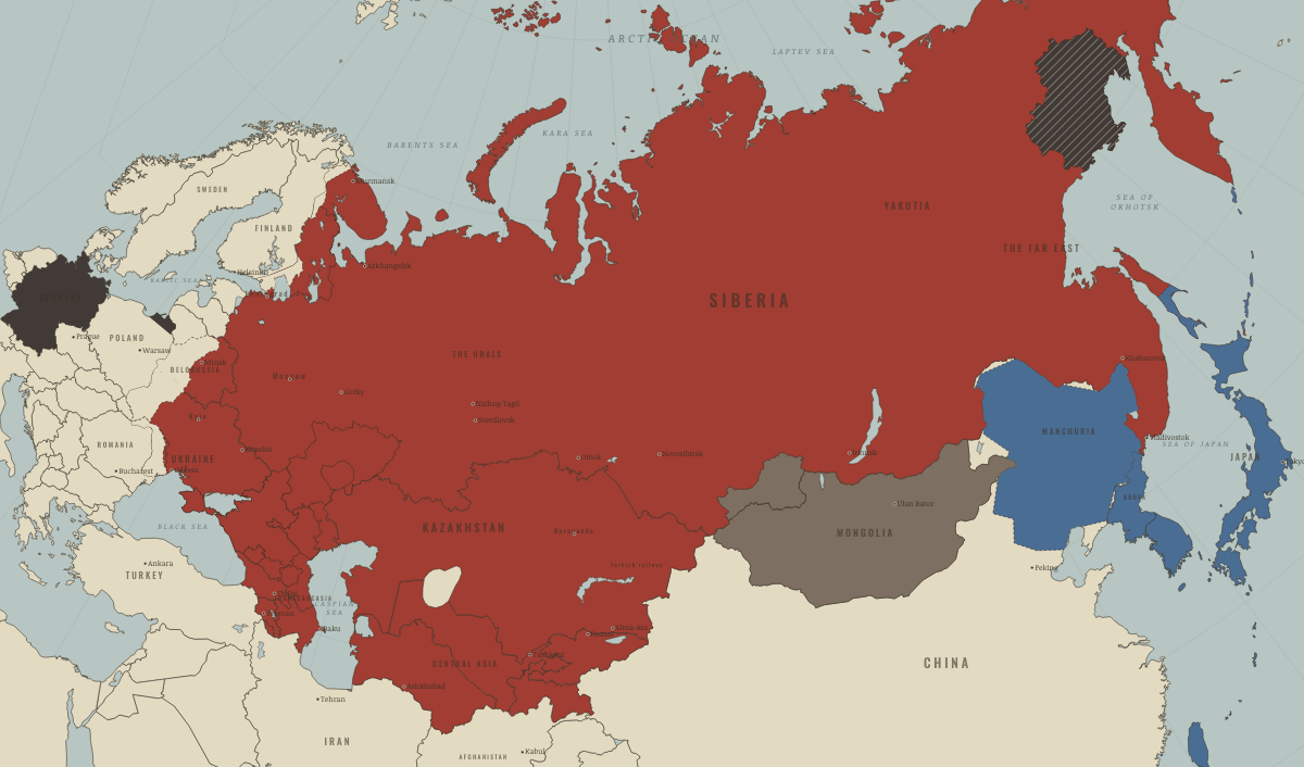 Map of the Soviet Union in August 1935 (Stalin era): The Second Five-Year Plan: steel, coal and camps. Colours show The Soviet Union, Rivals & the Western bloc, Satellites & communist allies.