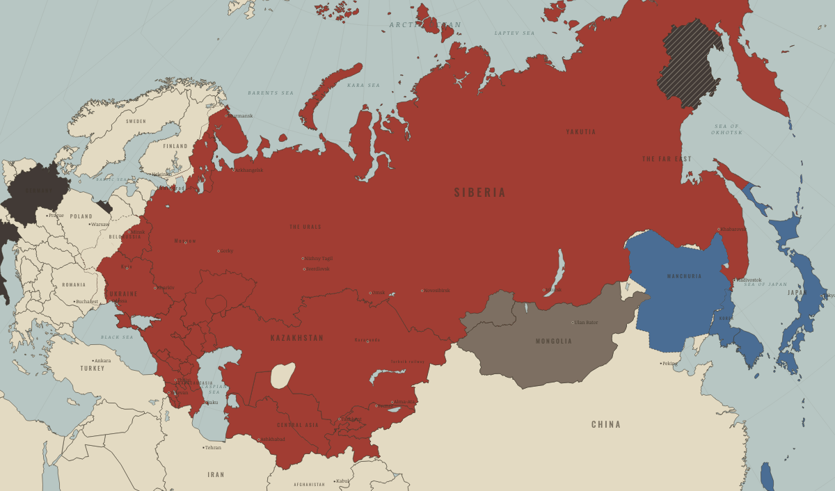 Map of the Soviet Union in August 1937 (Stalin era): The Great Terror; the Axis forms. Colours show The Soviet Union, Rivals & the Western bloc, Nazi Germany & its allies.