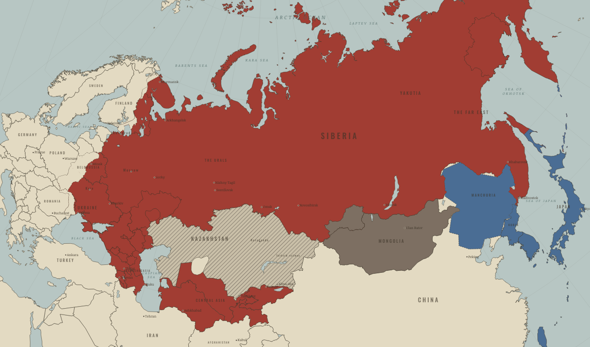 Map of the Soviet Union in autumn 1931 (Stalin era): Famine on the Kazakh steppe; Japan takes Manchuria. Colours show The Soviet Union, Rivals & the Western bloc, Satellites & communist allies.
