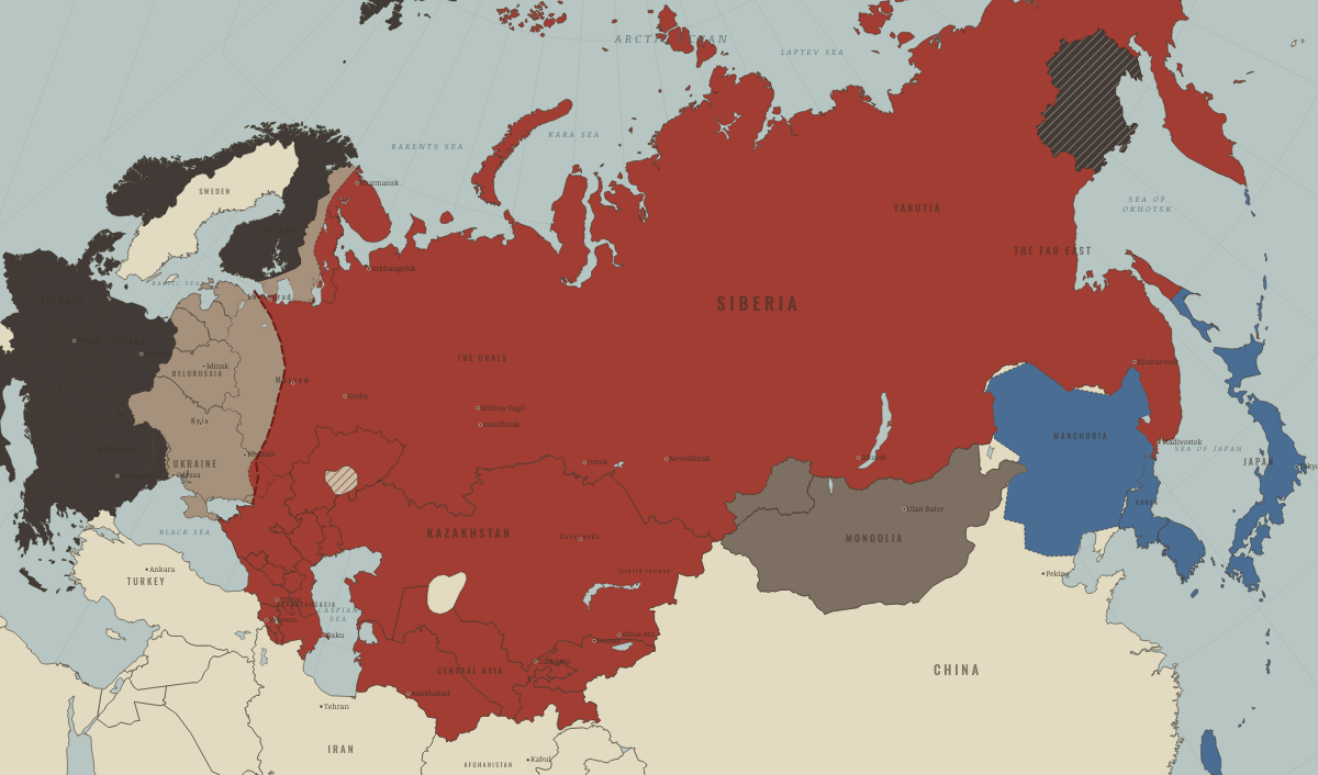 Map of the Soviet Union in December 1941 (Stalin era): Barbarossa — Moscow holds; the Volga Germans deported. Colours show Nazi Germany & its allies, The Soviet Union, Under German occupation.