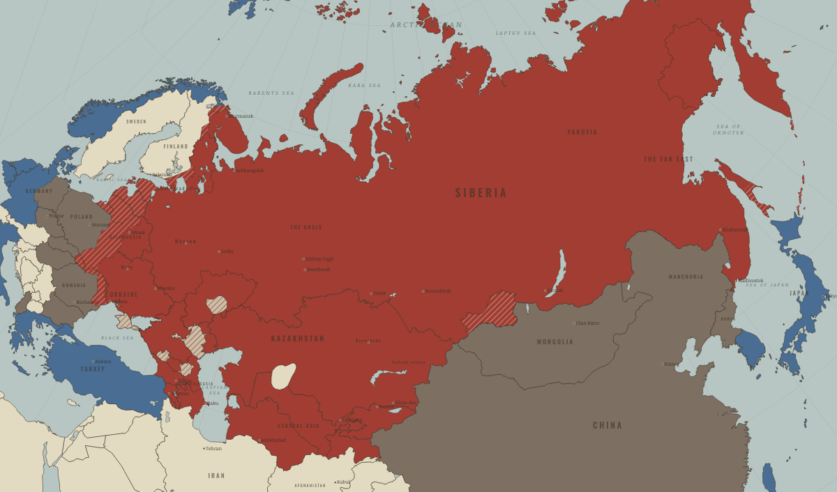 Map of the Soviet Union in February 1956 (Stalin era): The Secret Speech. Colours show The Soviet Union, Rivals & the Western bloc, Satellites & communist allies.