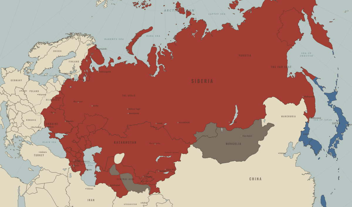 Map of the Soviet Union in January 1924 (Stalin era): Lenin dies — a union of four republics. Colours show The Soviet Union, Rivals & the Western bloc, Satellites & communist allies.