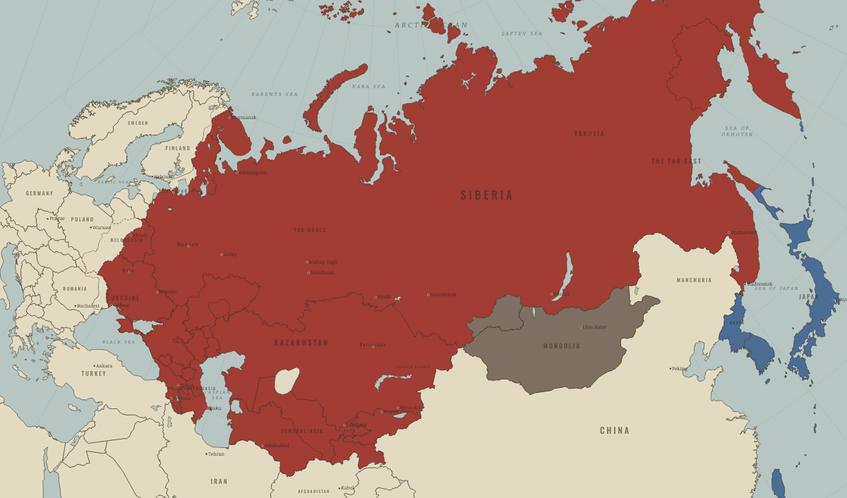 Map of the Soviet Union in January 1928 (Stalin era): Trotsky exiled; Stalin’s Siberian tour begins. Colours show The Soviet Union, Rivals & the Western bloc, Satellites & communist allies.