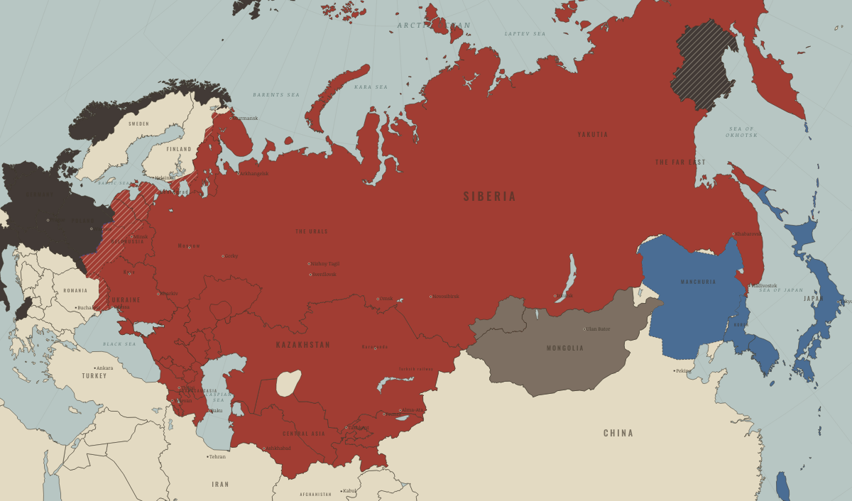 Map of the Soviet Union in June–August 1940 (Stalin era): The labour decree; the Baltic states annexed. Colours show The Soviet Union, Nazi Germany & its allies, Rivals & the Western bloc.