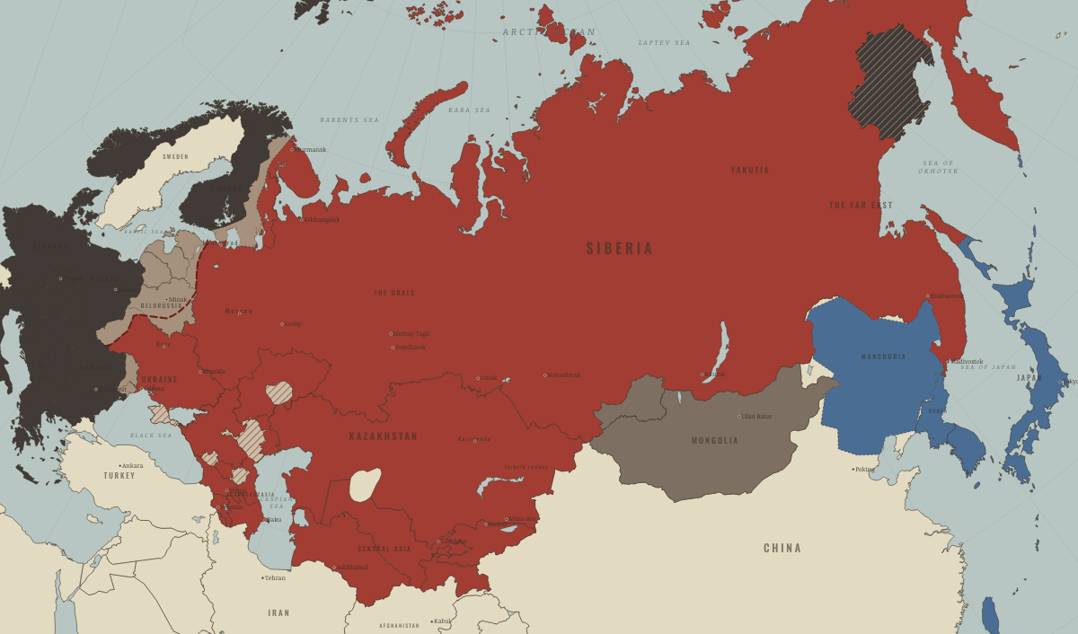Map of the Soviet Union in May 1944 (Stalin era): Chechens, Ingush and Crimean Tatars deported. Colours show Nazi Germany & its allies, The Soviet Union, Under German occupation.