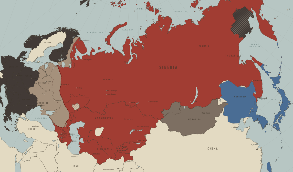 Map of the Soviet Union in November 1942 (Stalin era): The high-water mark: Stalingrad and the Caucasus. Colours show Nazi Germany & its allies, The Soviet Union, Under German occupation.